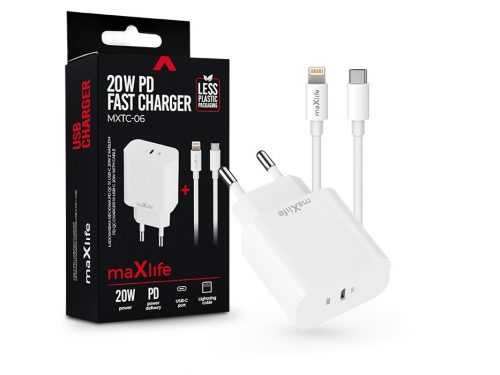 Maxlife MXTC-06 PD+QC 20W gyorstöltő adapter Type-C + Type-C/Lightning kábel -  fehér