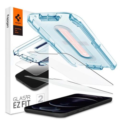 Apple iPhone 12 Pro Max, Kijelzővédő fólia, ütésálló fólia (az íves részre is!), Tempered Glass (edzett üveg), Spigen Ez Fit, Clear, 2 db / csomag